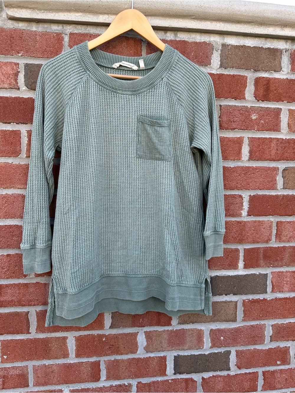 Soft Surroundings Waffle Knit Tunic Top Sage Green Pocket Long Sleeve petite M